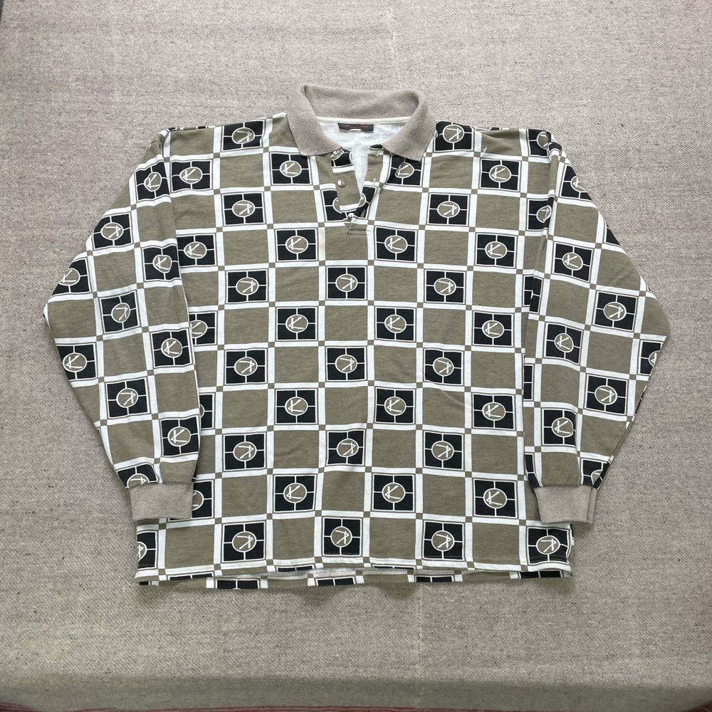 Vintage KHAN JEAN Checkered long sleeve Golf Polo Shirt ‎ mens 2XL Brown 1990s